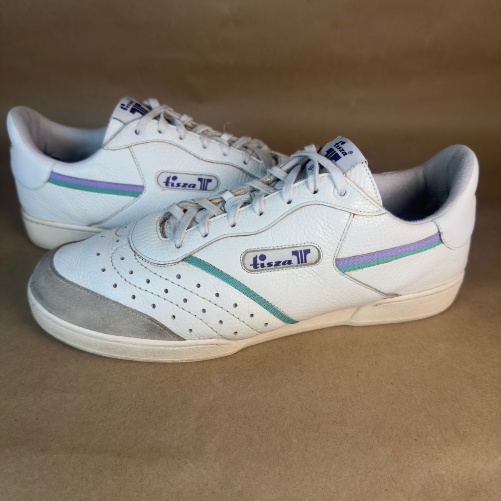 VTG Tisza Sport Leather Sneakers Size 11.5 White Teal Purple Low Top Shoes